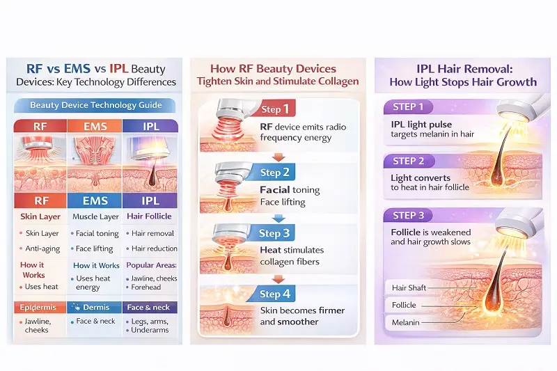 How Do RF, EMS, and IPL Beauty Devices Differ in Function and Results? Чем отличаются по функциям и результатам косметические аппараты RF, EMS и IPL?